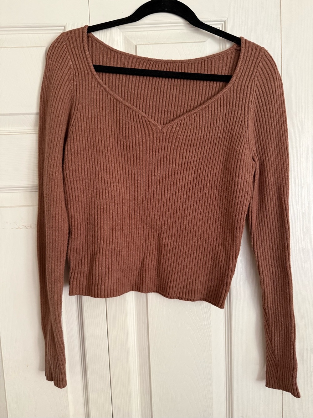 Ribbed V-Neck Long Sleeve Sweater - Dusty Rose